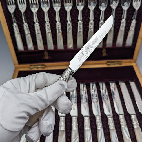 1898 British antique white mother-of-pearl handle dessert cutlery set of 12 in wooden box